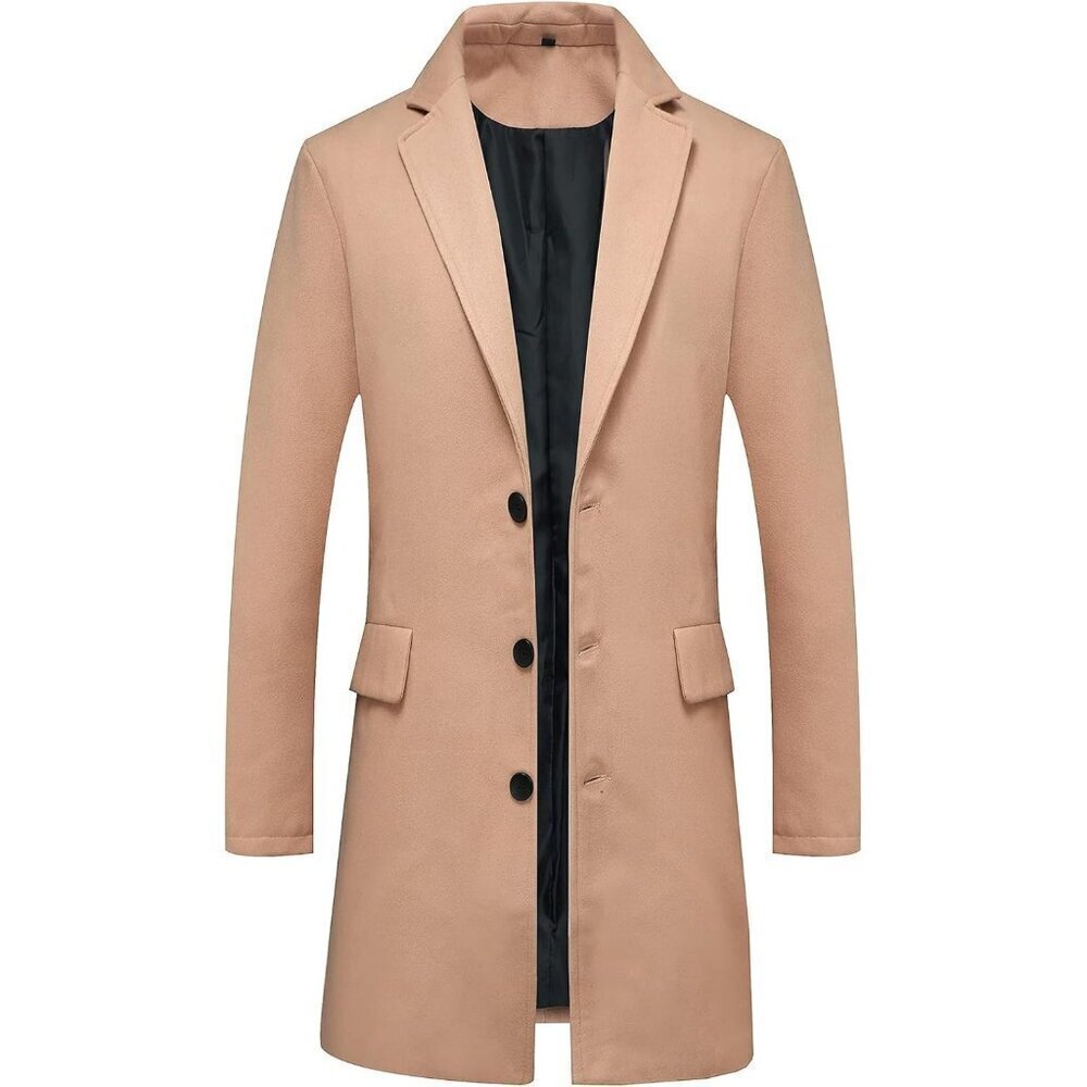 🆕Men's Khaki Classic Wool Blend Single-Breasted Mid-Length Trench Overcoat - Picture 1 of 7